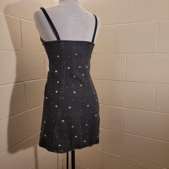 Black Denim Star Studded A Line Moto Mini Dress - Picture 7 of 7